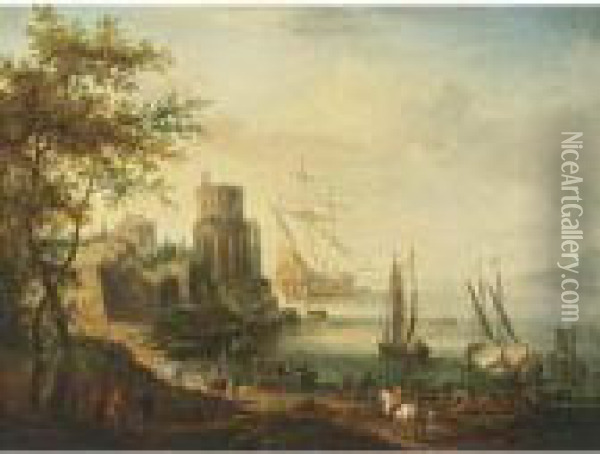 The Elder, A Southern Harbour 
Scene With A Man-of-war And Other Sailing Vessels, Travellers And 
Shepherds With Their Herd And Other Figures Unloading Vessels Oil Painting - Jan Griffier I