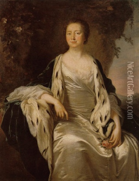 Portrait Of Lady Denison Wearing A Silver Coloured Dress And An Ermine-lined Blue Robe Oil Painting - Thomas Hudson
