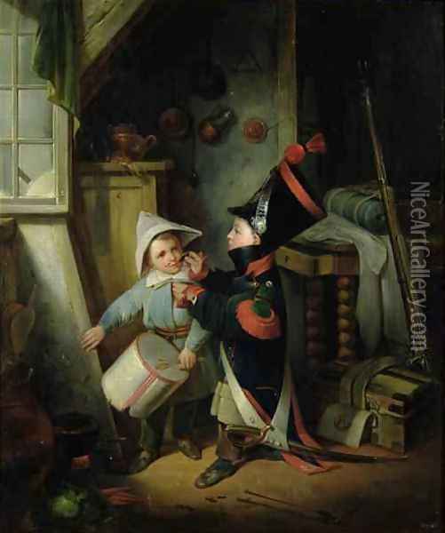 Two Boys Dressing Up as Soldiers Oil Painting - Claude Jacquand