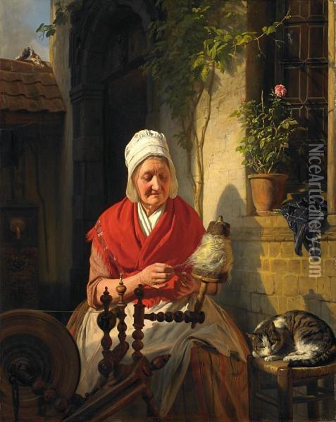 Alte Frau Am Spinnrad Oil Painting - Josephus Laurentius Dyckmans