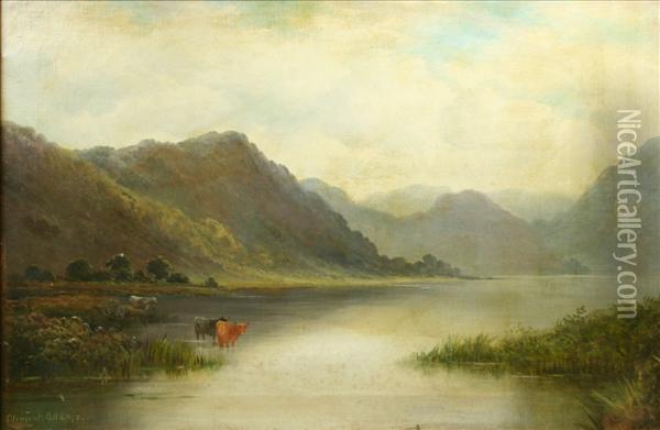 Highlandcattle In The Loch Oil Painting - Clement Adams