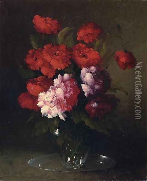 Peonies and Poppies in a Glass Vase Oil Painting - Theodule Augustine Ribot