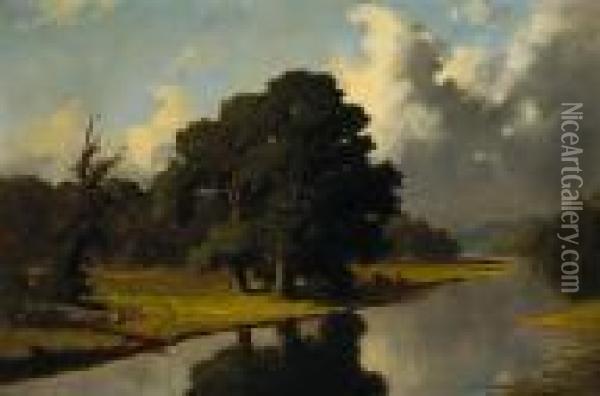 A River Landscape With Cattle Resting Under A Tree Oil Painting - Frederick Stone Batcheller
