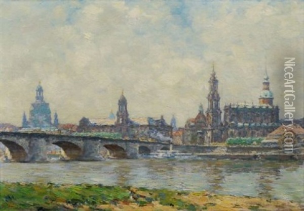 Dresden - Blick Vom Neustadter Ufer Auf Die Altstadt Oil Painting - Ludwig Muhrmann