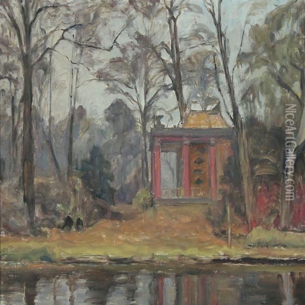 Landscape With Pavilion By A Lake Oil Painting - Carl Schou
