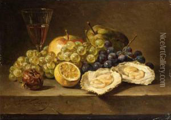 Still Life With Oysters, Grapes, An Apple, A Peeled Lemon And A Glass Oil Painting - Sebastiaan Theodorus Voorn Boers