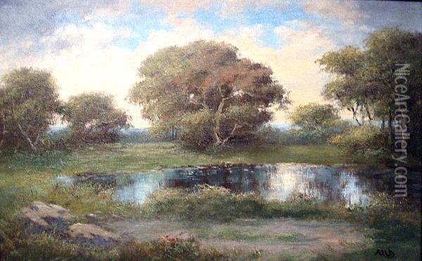 A Wooded Landscape With A Pond In The Foreground Oil Painting - Alphonso Herman Broad