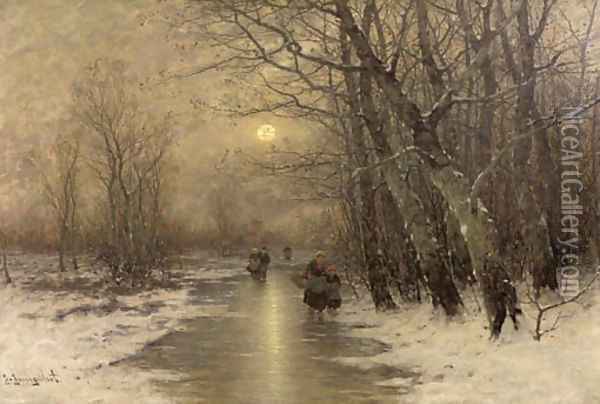 Peasants on a frozen waterway in winter Oil Painting - Johann Jungblutt