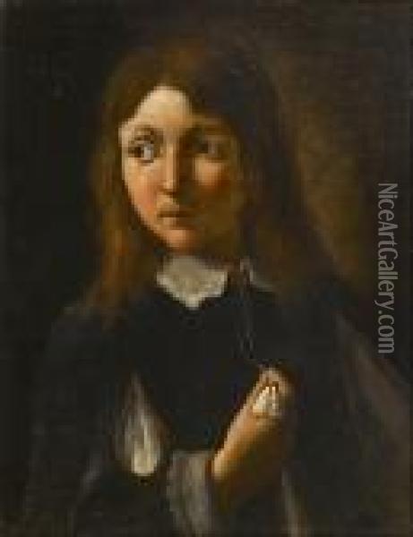 Portrait Of A Young Boy, 
Half-length, In A Black Coat With Sleeves Slashed To Reveal White, And A
 White Lawn Collar Oil Painting - Pier Leone Ghezzi