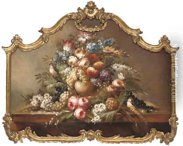 Summer flowers, grapes, apples, a pineapple and songbirds, on a stone ledge Oil Painting - Jan Davidsz De Heem
