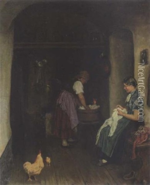 Zwei Wascherinnen In Der Bauernkuche Oil Painting - Emil Rau