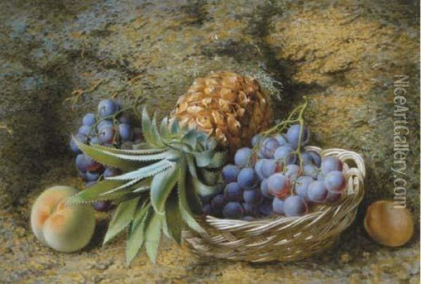 A Pineapple And Grapes In A Basket With Peaches On A Mossybank Oil Painting - Frederick Thomas Baynes