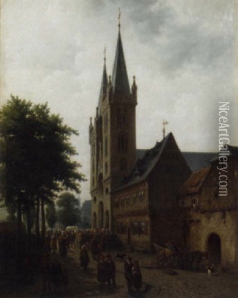 A Congregation Leaving Church, Germany Oil Painting - Jan Striening