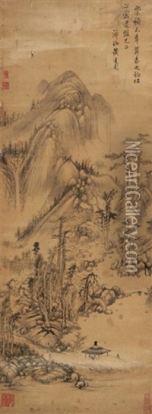 Huang Daozhou: Ink On Satin 'landscape' Painting Oil Painting -  Huang Daozhou