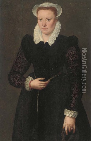 Portrait Of A Lady, Aged 28, Three-quarter-length, In A Black Dress With Brocade Sleeves, White Collar, Cuffs And Bonnet And With A Gold Chain Around The Waist Oil Painting - Adriaen Thomasz Key