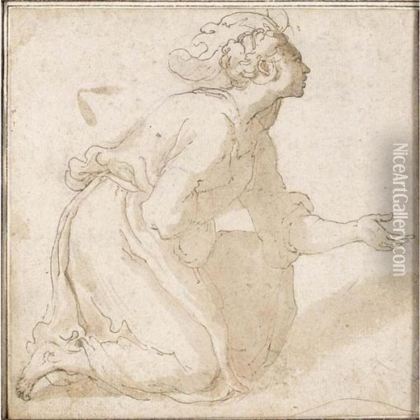 Study Of A Kneeling Woman, Seen In Profile To The Right Oil Painting - Alessandro Turchi