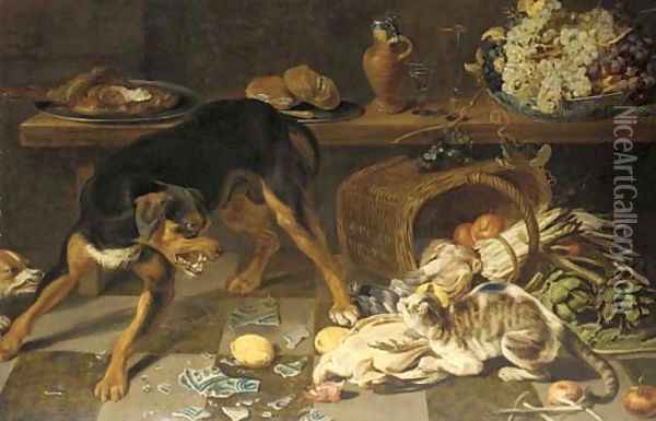 Dogs and cats fighting in a kitchen Oil Painting - Frans Snyders