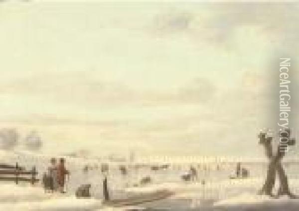 A Winter Landscape With Skaters On A Frozen River, A Windmill And A Town Beyond Oil Painting - Andries Vermeulen