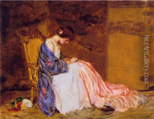 Girl Sewing Oil Painting - William Wallace Gilchrist