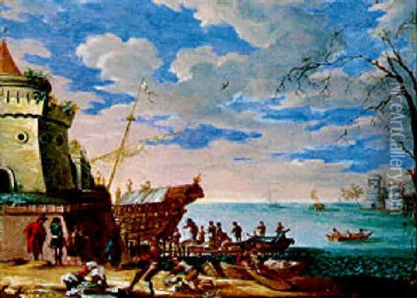 L'arrivee Au Port Oil Painting - Johann Wilhelm Baur
