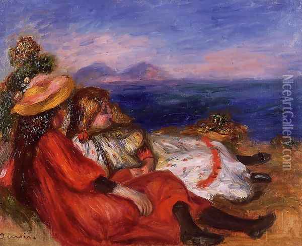 Two Little Girls On The Beach Oil Painting - Pierre Auguste Renoir