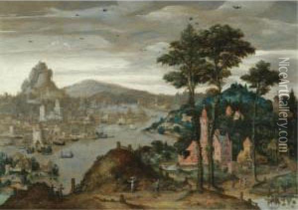 A Fantasy Mountainous River Landscape With Ships Moored Before A Distant City Oil Painting - Lucas van Valckenborch