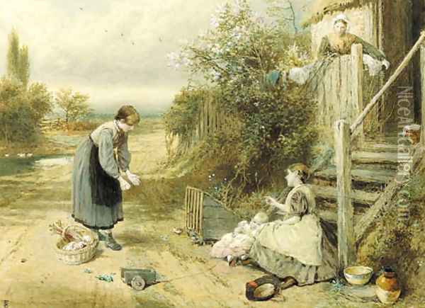 Children playing in a lane Oil Painting - Myles Birket Foster