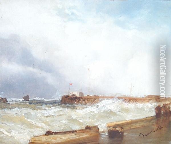 Entering Harbour In A Stormy Sea Oil Painting - James Webb