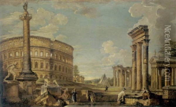 A Capriccio View Of Roman Ruins With Belisarius Begging For Alms, The Borghese Gladiator, The Dying Gaul, The Colosseum, Trajan's Column... Oil Painting - Giovanni Paolo Panini