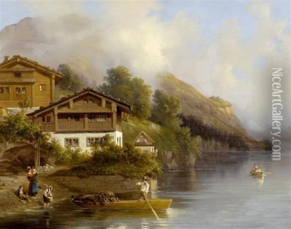 Old Dwelling House In Brunnen At Lake Lucerne Oil Painting - Johann Jakob Ulrich