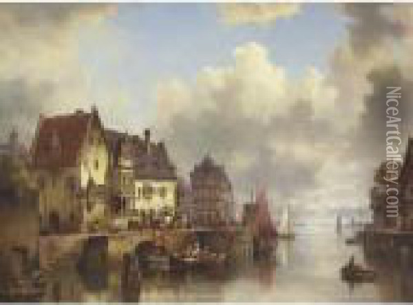 Ships In Harbor Oil Painting - Ludwig Herrmann