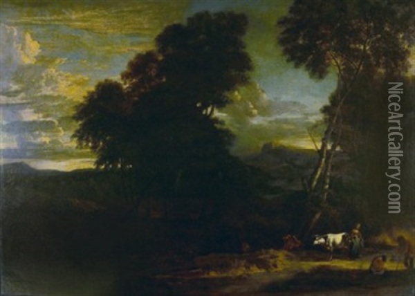 Badende Hirten Im Abendrot Oil Painting - Jacob Van Ruisdael