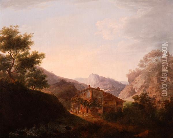 Paesaggio Della Val Brembana Con Cascinale E Contadino Oil Painting - Marco Gozzi