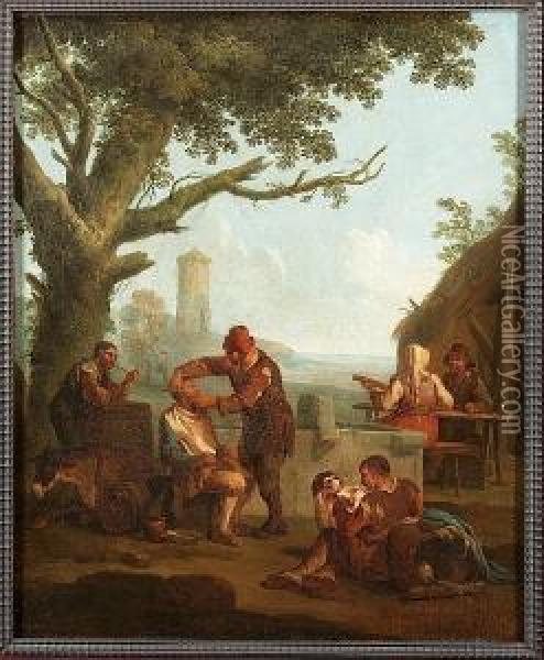 A Barber At Work By A Well With Other Peasants Smoking, Drinking And Playing Music Oil Painting - Paolo Monaldi
