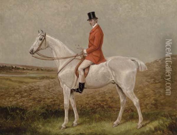 Benjamin S. Brookes Esq., On A Grey Hunter In A Landscape Oil Painting - Leonard F.G. Cattermole