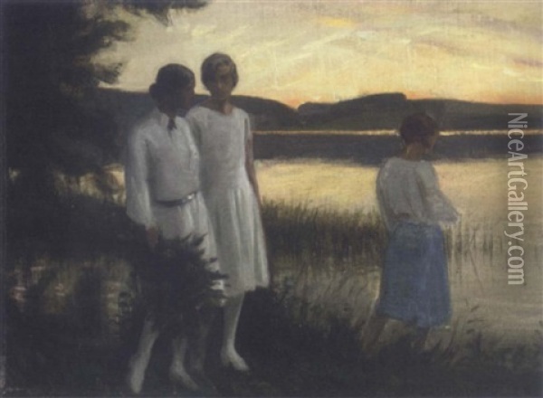 Maidens By The Lake At Dusk Oil Painting - Harald Slott-Moller