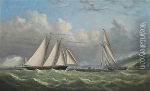 Racing Schooners Rounding The Turning Mark In Osborne Bay With Norris Castle Above And Ryde Beyond: The Prince Of Wales's Hildegarde Rounding The Mark In Second Place Oil Painting - Arthur Wellington Fowles
