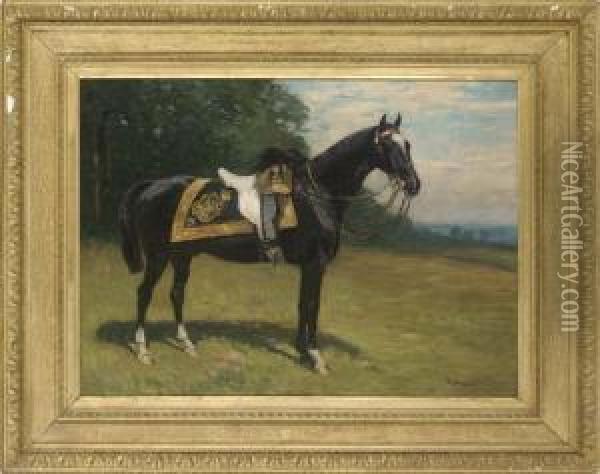 A Regimental Horse Of The 1st Life Guards, In An Extensivelandscape Oil Painting - John Atkinson