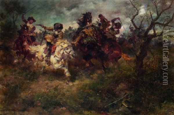 Fight On Horseback Oil Painting - Anton Hoffmann