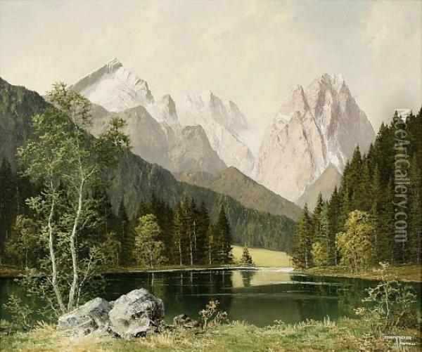 Blick Auf Die Alpspitze, Den Hollentalspitzen Und Dem Waxenstein Oil Painting - Frederick Kammeyer