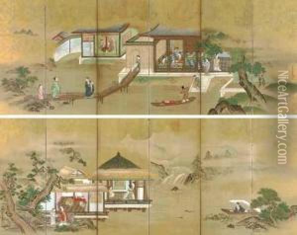 The Four Elegant Pastimes Oil Painting - Kiyohara Yukinobu
