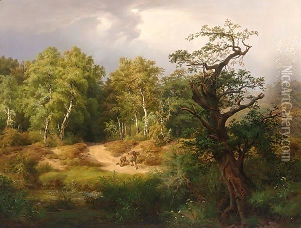 Wood Gatherers In A Forest Clearing Oil Painting - Friederich J. Ehemant