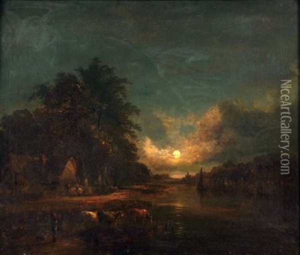 Moonlit River Landscape With Cattle Watering, Figures And Cottage Oil Painting - John Berney Crome