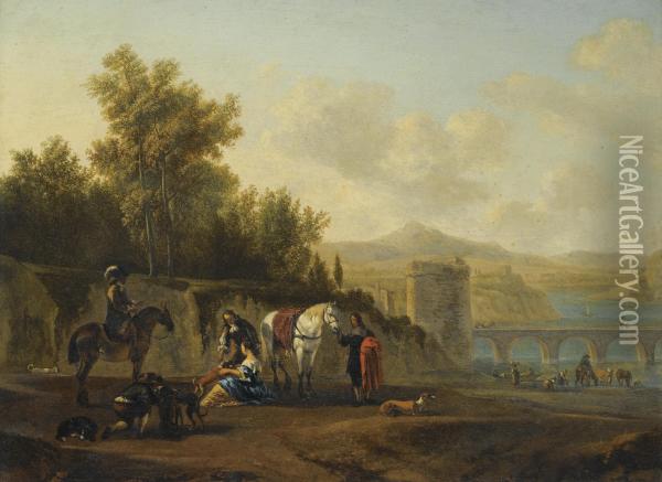 An Extensive Italianate River Landscape With Travellers Resting On A Path Oil Painting - Gerrit Adriaensz Berckheyde