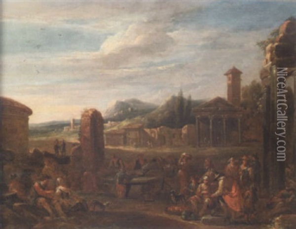 An Italianate Landscape With A Fruitseller, Travellers And Peasants By A Fountain, A Church With A Classical Temple Front And Mountains Beyond Oil Painting - Dirk Helmbreker