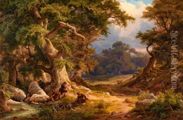 Romantische Waldlandschaft Mit Jagern Oil Painting - Arnold Schulten