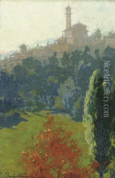 An Italianate Hillside Town Oil Painting - Alcide Davide Campestrini