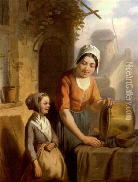 Eine Hausmagd Reinigt Vor Dem Haus Einen Messingkessel Oil Painting - Adrien Ferdinand de Braekeleer