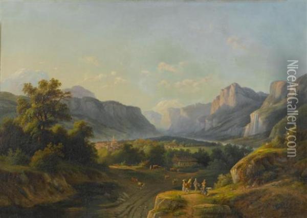 Hunter And Walker In A Valley Landscape Oil Painting - Benedikt Franz Hess