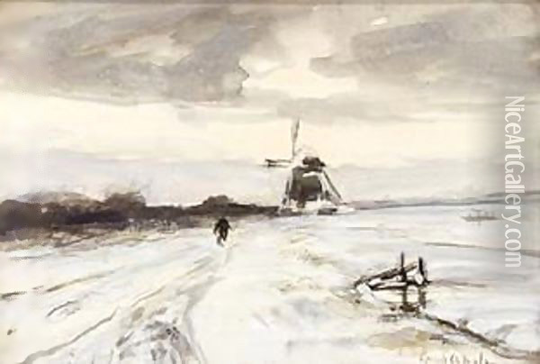 A Traveller In A Winter Landscape Oil Painting - Louis Apol